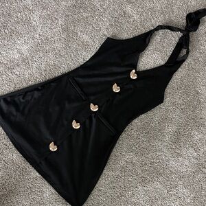 Elegant Black Mini Dress with Gold Buttons